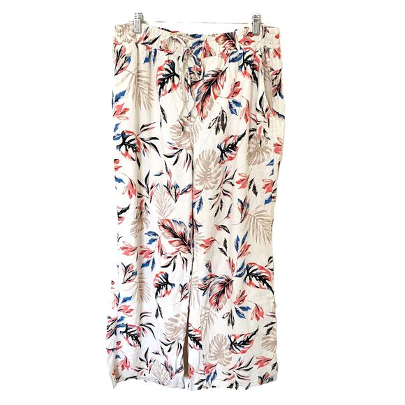 Briggs Women Drawstring Floral Print Straight Linen Blend Pants Beige Combo XL - Picture 2 of 13